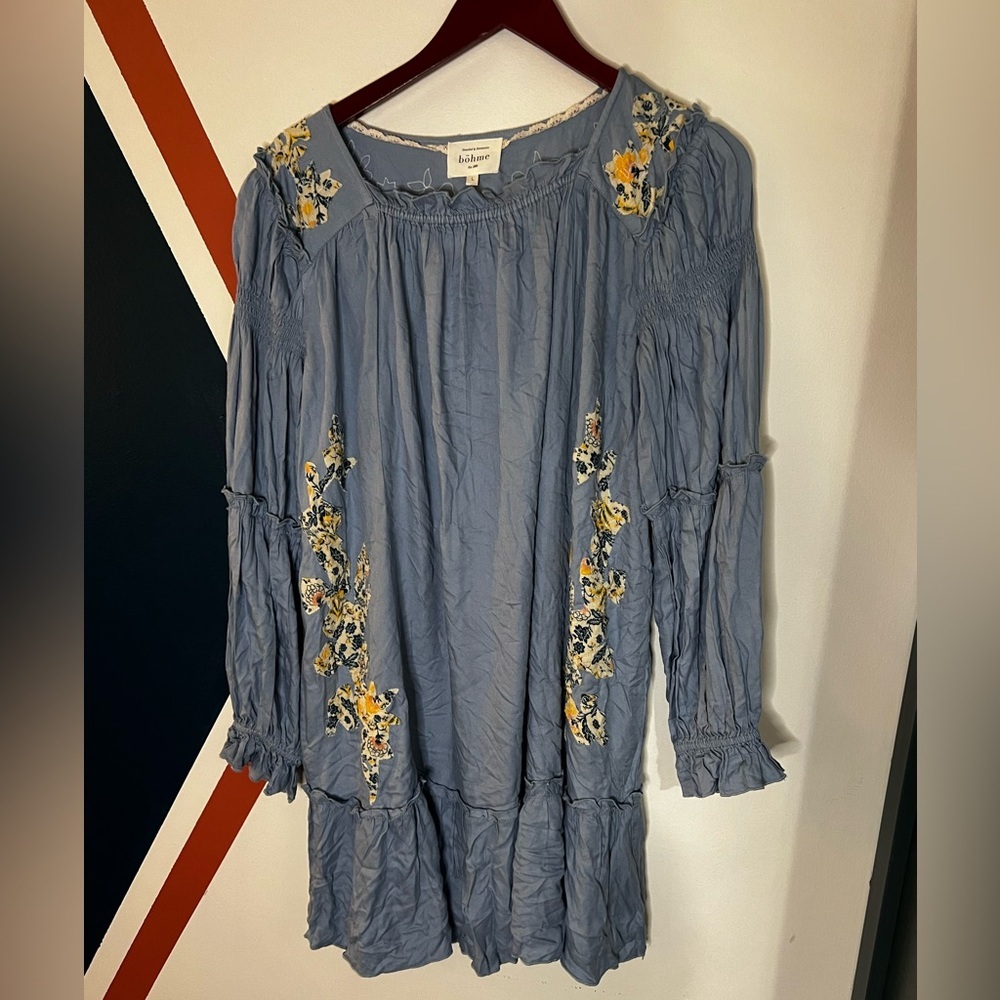 bohme Dusty Blue Floral Appliqué Embroidered Tiered Mini Dress